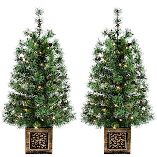 Puleo International 2 ct 3.5Ft Pre-Lit Pine Artificial Potted Christmas Trees with Pinecones, Warm White LED Lights in Green | 3.5 ft | Michaels®